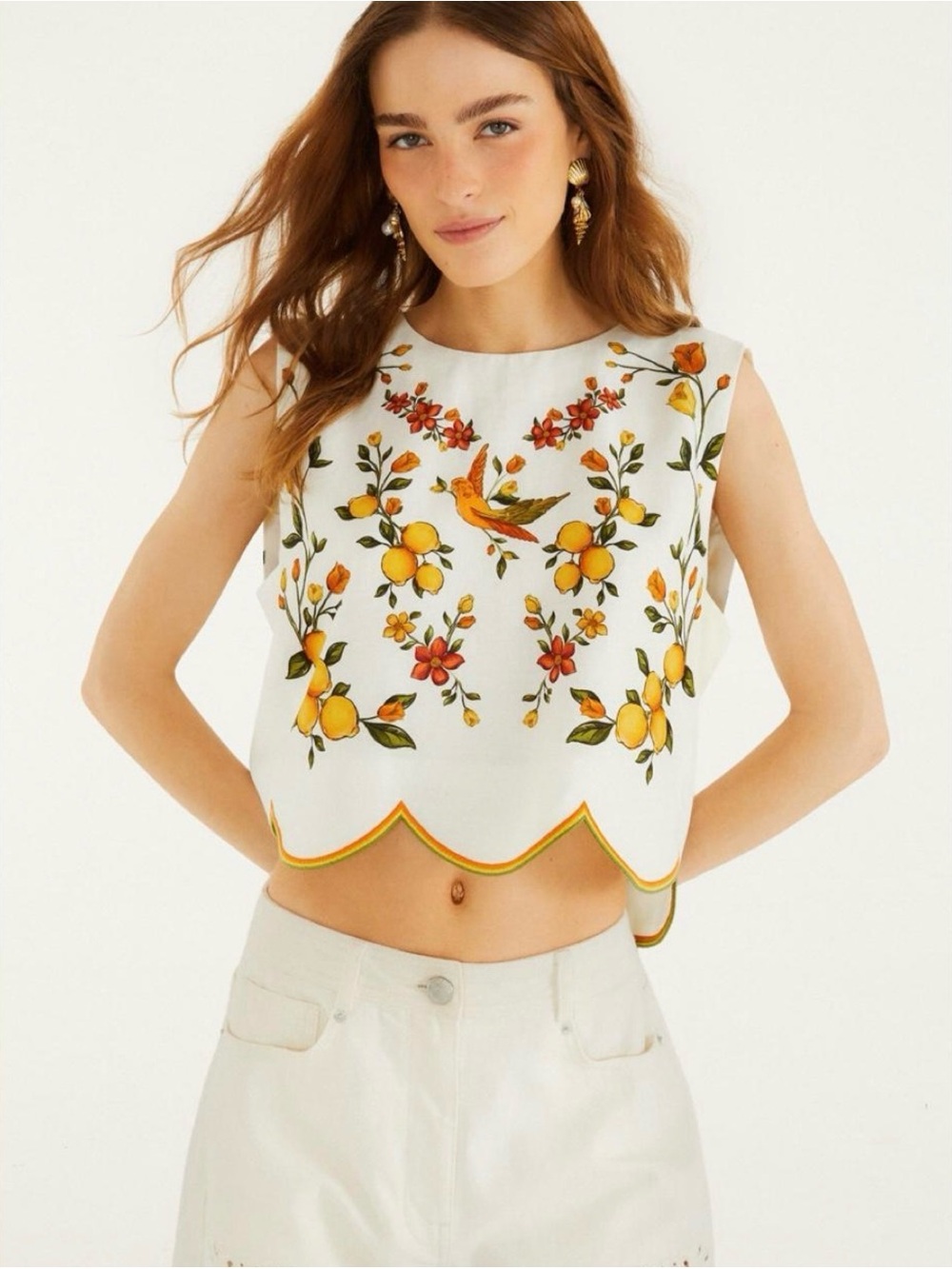 FARM Rio White Cotton Crop Top with Yellow & Orange Embroidery - Picture 2 of 8